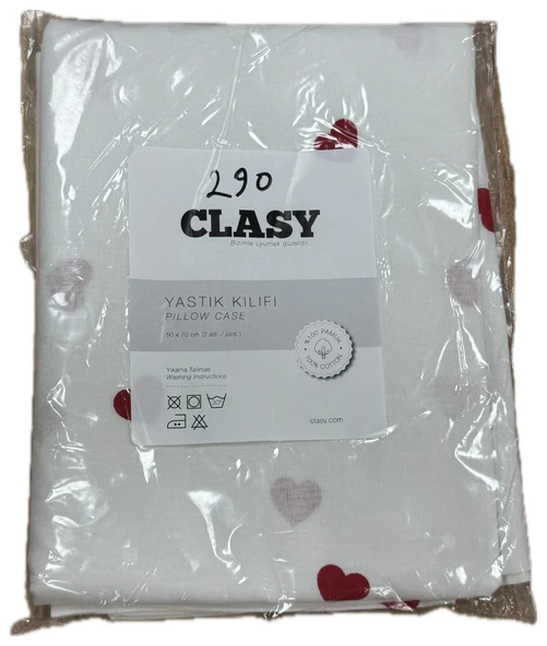 Clasy Ranforce %100 Pamuk 2 Adet Yastık Kılıfı Kalp Desenli Beyaz - 2