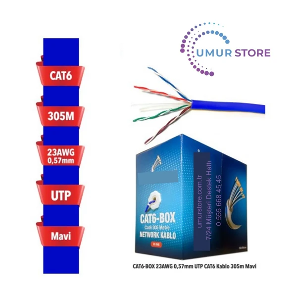 Cat6-Box 23AWG 0,57MM Utp Cat6 Kablo 305M Mavi ürün görseli 1