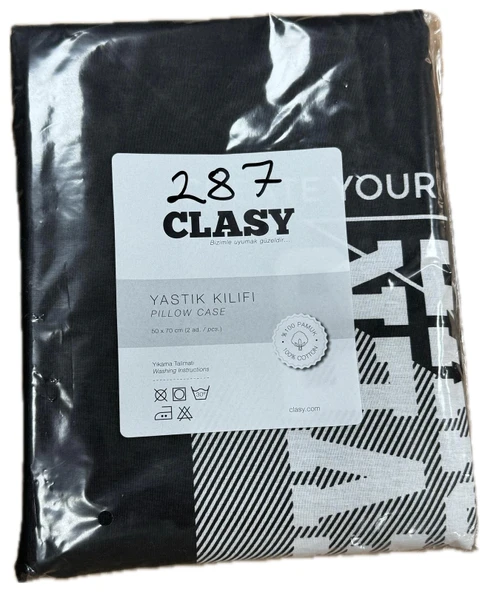 Clasy Ranforce %100 Pamuk 2 Adet Yastık Kılıfı Desenli Siyah - 2