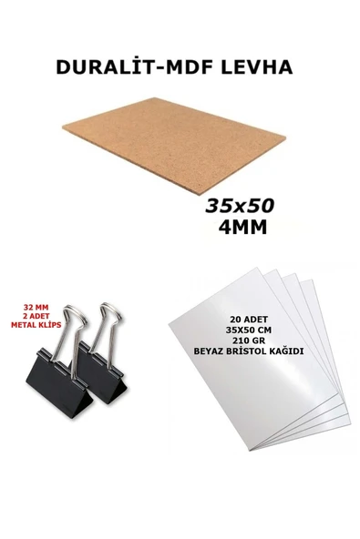 Kampus Kırtasiyem 1 Adet 35x50 Cm 4mm Duralit , 2 Adet 32 Mm Klips Ve 20 Adet 35x50 Cm Beyaz Bristol 210 gr - 1