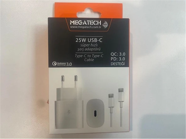 Megatech Mt-25w QC:3.0 PD:3.0 Ev Şarj Kafa+ Type-C To Type-C Şarj Kafası Hızlı Şarj ürün görseli 1