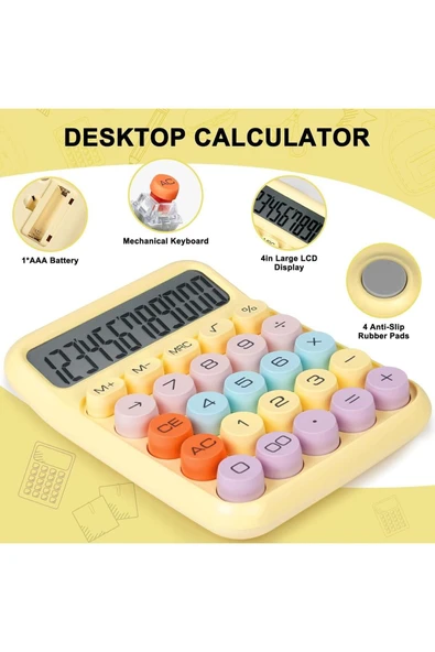 Kampus Kırtasiyem Renkli Çok Şirin 12 Hane Mekanik Hesap Makinası Büyük Ekranlı 4 Fonksiyonlu Ev Ofis Okul Sa - 7