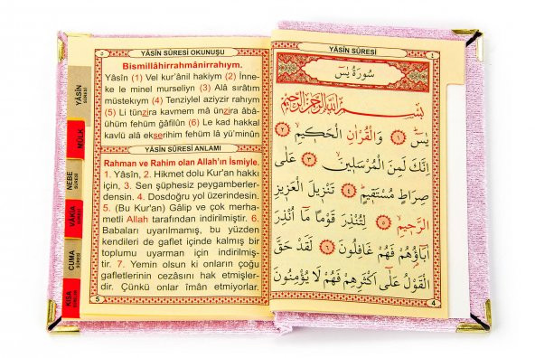 10 Adet Özel Hediyelik Kadife Kaplı Yasin Kitabı - Çanta Boy - İsme Özel Plakalı - Seccadeli - Tesbihli - Kutulu - Pembe - 5