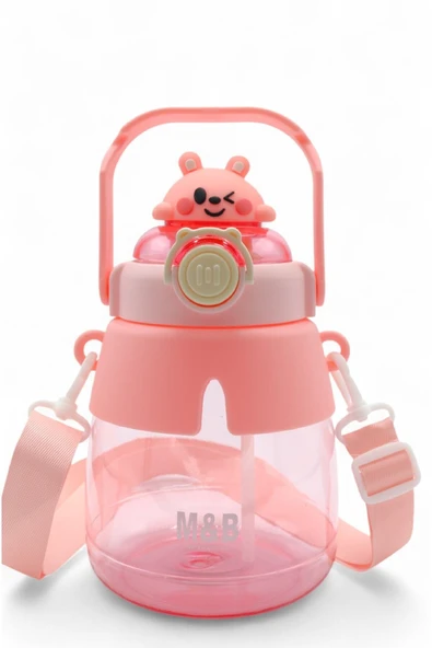 M&B WATER BOTTLE Sevimli Tavşan Figürlü Matara, Pipetli Çocuk Suluk, Tavşan Suluk, Okul Için Boyun Askılı Suluk