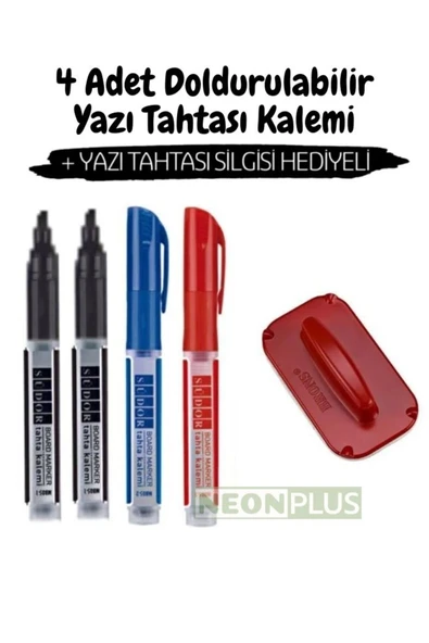 NEON PLUS Kartuşlu Beyaz Tahta Kalemi 4 Lü Set 2 Siyah 1 Kırmızı 1 Mavi Ve Tahta Silgisi - 1