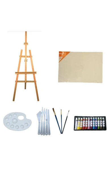 pin hobi&tasarım Ayaklı Ahşap Şövale 175 Cm Akrilik Boya Başlangıç Seti