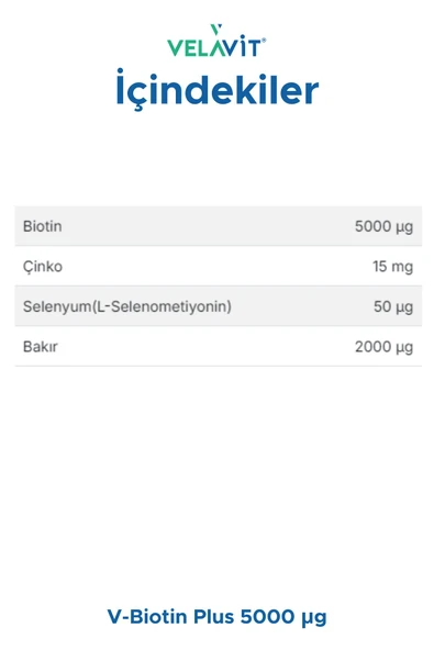 VELAVİT VELAVİT V-Biotin Plus 5000mcg Takviye Edici Gıda 60 Tablet - 2