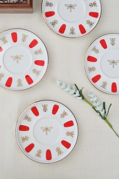 Tabak Evi Porselen Acem Zade Kırmızı Çay Tabağı 12,5cm 4 lü - 4