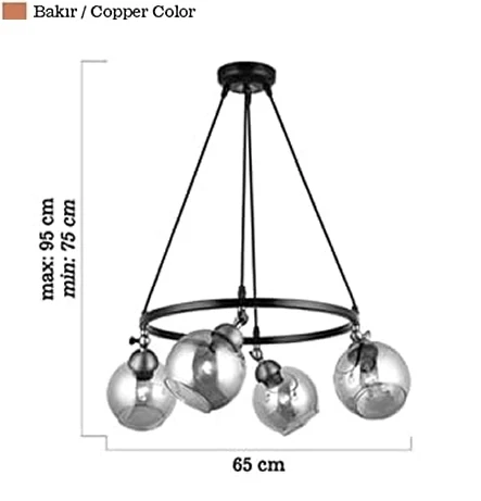 Serta 4'lü Çemberli Siyah Bakır Sarkıt Camlı Avize - Resim 5