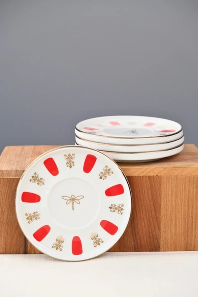 Tabak Evi Porselen Acem Zade Kırmızı Çay Tabağı 12,5cm 4 lü - 3