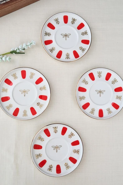 Tabak Evi Porselen Acem Zade Kırmızı Çay Tabağı 12,5cm 4 lü