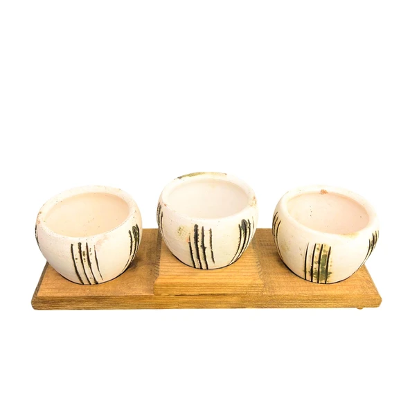 Bitki Tasarımı Ev dekorasyon Aksesuar Bej Çizgili EskitmeToprak Saksı Üçlü Ahşap Tabanlı Çiçeklik Saksı Saksılık - Resim 3