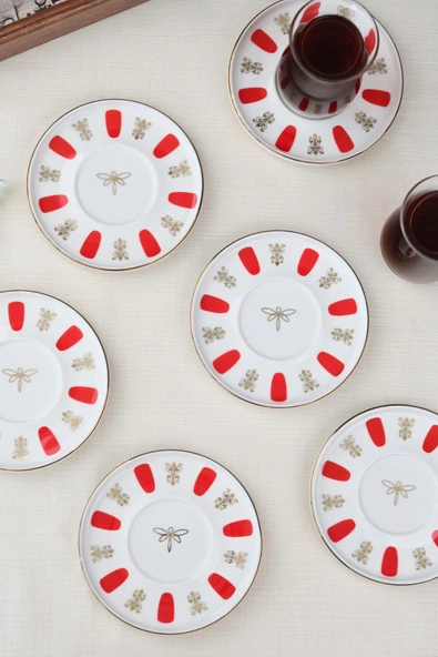 Tabak Evi Porselen Acem Zade Kırmızı Çay Tabağı 12,5cm 6 lı - 6