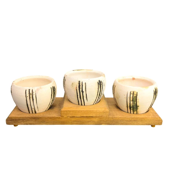 Bitki Tasarımı Ev dekorasyon Aksesuar Bej Çizgili EskitmeToprak Saksı Üçlü Ahşap Tabanlı Çiçeklik Saksı Saksılık - Resim 2