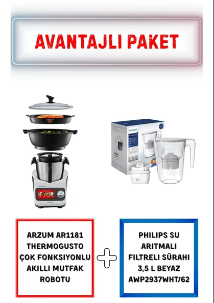 Arzum AR1181 Thermogusto Çok Fonksiyonlu Akıllı Mutfak Robotu + Philips Su Arıtmalı Filtreli Sürahi 3,5 L Beyaz Awp2937wht/62 ürün görseli