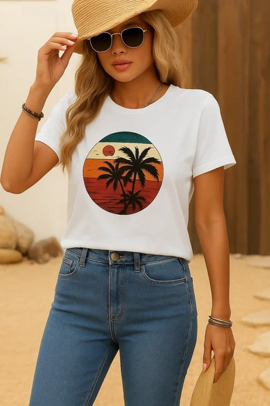 Kadın Kısa Kollu Palmiye Baskılı Viskon T-shirt ürün görseli