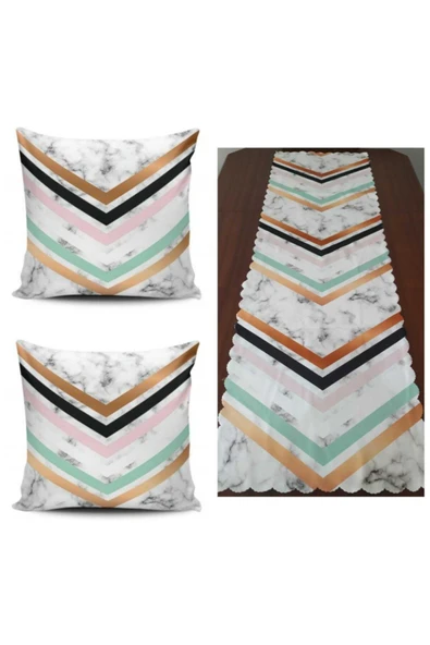 Alkan Homes Mermer Desenli Runner Ve Kırlent Kılıfı Kombini