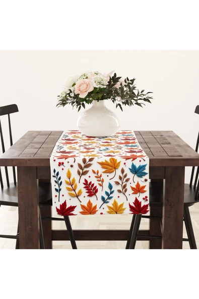 Alkan Homes Punch Nakış İşlemeli Renkli Sonbahar Yaprak Desen Dijital Baskılı Masa Örtüsü Runner 45×100 cm ürün görseli