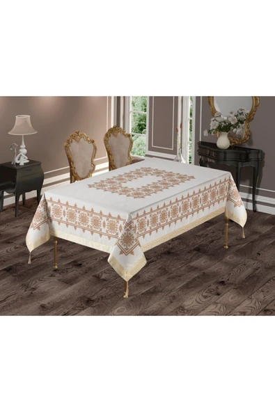 Alkan Homes Kanaviçe Kilim Desenli Masa Örtüsü -gold- 160x220 - 2