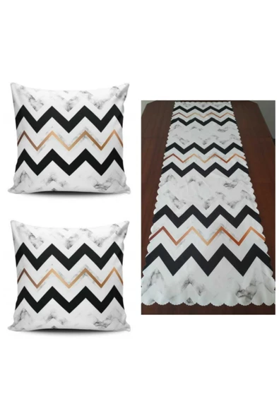 Alkan Homes Mermer Desenli Runner Ve Kırlent Kılıfı Kombini