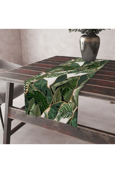 Alkan Homes Yaprak Desenli 3 Boyutlu Dijital Baskılı Masa Örtüsü Runner 45×100 cm - 2