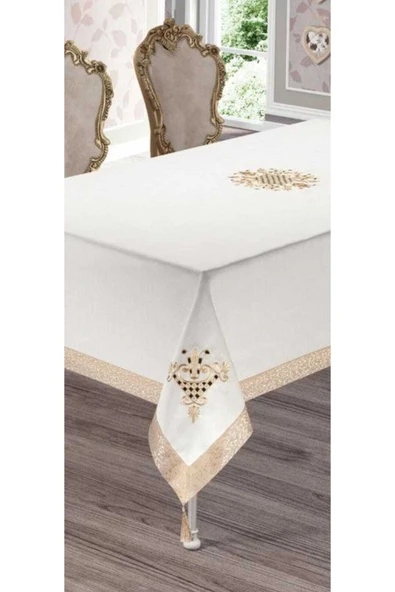 Alkan Homes Gold Renkli Lale Nakışlı Masa Örtüsü ürün görseli 1