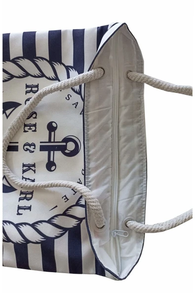 ALKANHOME Çizgili Çapa Desenli Astarlı-fermuarlı Dijital Baskılı Çok Amaçlı Çanta - 2