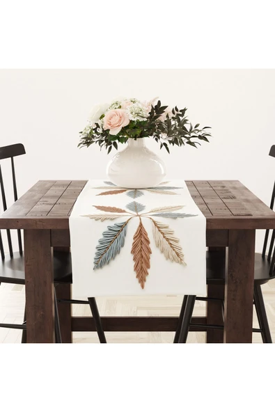 Alkan Homes Nakış Desenli Krem Zemin 3 Boyutlu Masa Örtüsü Runner 45×100 cm - 2