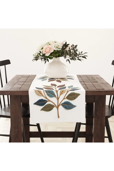 Alkan Homes Nakış Desenli Krem Zemin 3 Boyutlu Masa Örtüsü Runner 45×100 cm - 2