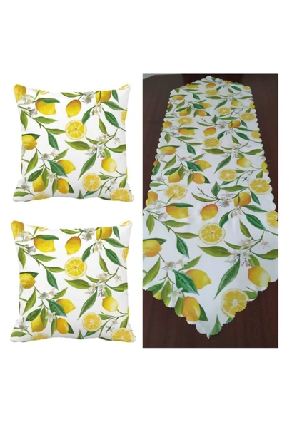 Alkan Homes Limon Temalı Runner Ve Kırlent Kılıfı Kombini ürün görseli