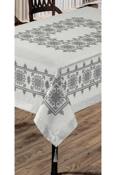 Alkan Homes Kanaviçe Kilim Desenli Masa Örtüsü -silver - 160x220