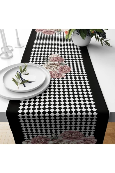 Alkan Homes Ekoseli Gül Desenli Dijital Baskılı Dekoratif Runner ürün görseli