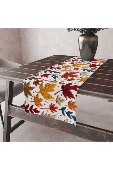 Alkan Homes Punch Nakış İşlemeli Renkli Sonbahar Yaprak Desen Dijital Baskılı Masa Örtüsü Runner 45×100 cm - 2