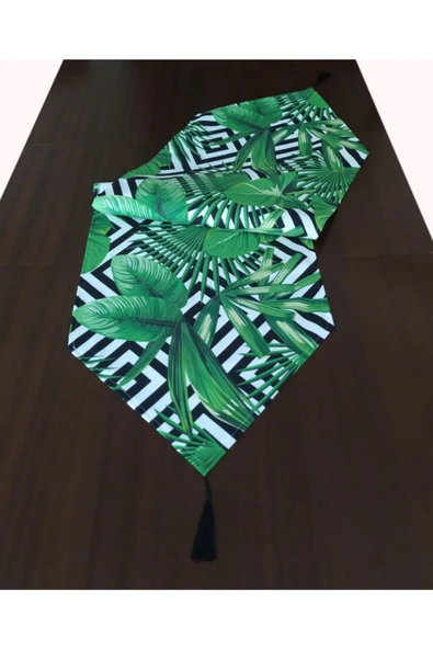 Alkan Homes Tropikal Yaprak Desenli Püsküllü Dekoratif Runner - 3