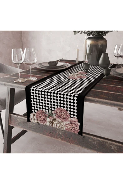 Alkan Homes Ekoseli Gül Desenli Dijital Baskılı Dekoratif Runner - Resim 3