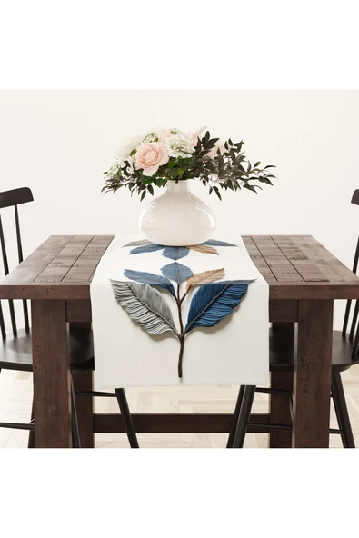 Alkan Homes Nakış Desenli Krem Zeminli 3 Boyutlu Masa Örtüsü Runner 45×100 cm - 2