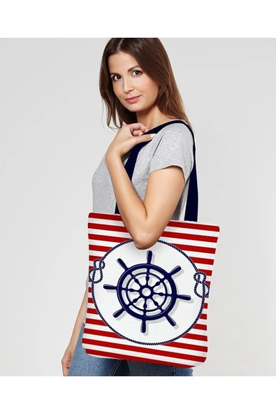Alkan Homes Gemi Dümeni Desenli Dijital Baskılı Plaj Çantası