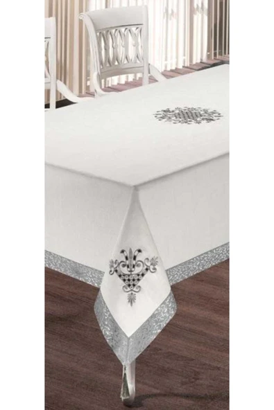 Alkan Homes Silver Renkli Lale Nakışlı Masa Örtüsü ürün görseli 1