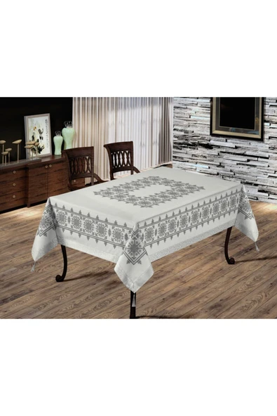 Alkan Homes Kanaviçe Kilim Desenli Masa Örtüsü -silver - 160x220 - 2