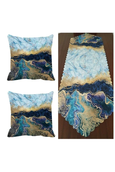 Alkan Homes Mermer Desenli Runner Ve Kırlent Kılıfı Kombini