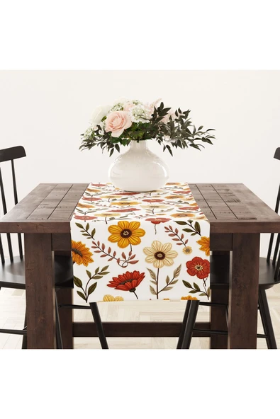 Alkan Homes Punch Nakış İşlemeli Çiçek Desen Dijital Baskılı Masa Örtüsü Runner 45×100 cm