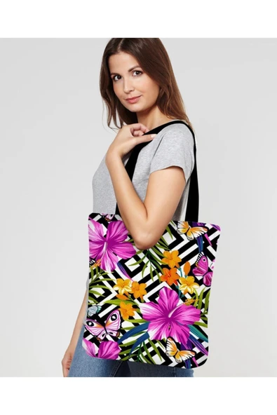 Alkan Homes Çiçek Ve Kelebek Desenli Dijital Baskılı Plaj Çantası