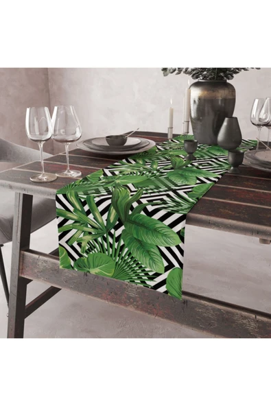 Alkan Homes Yaprak Desenli Lazer Kesimli Dijital Baskılı Dekoratif Runner