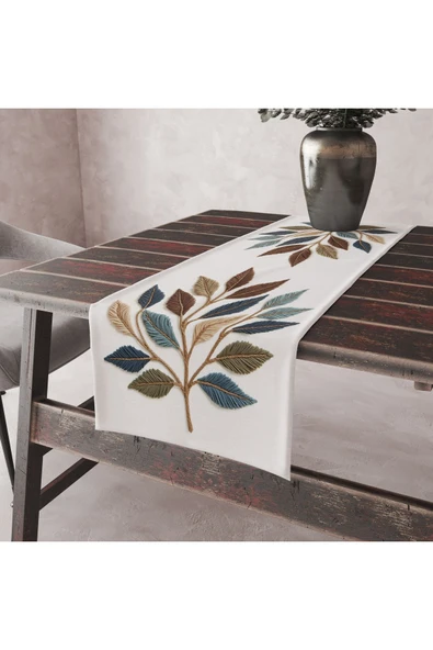 Alkan Homes Nakış Desenli Krem Zemin 3 Boyutlu Masa Örtüsü Runner 45×100 cm