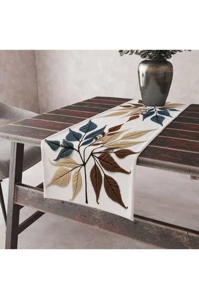 Alkan Homes Nakış Desenli Krem Zemin 3 Boyutlu Masa Örtüsü Runner 45×100 cm