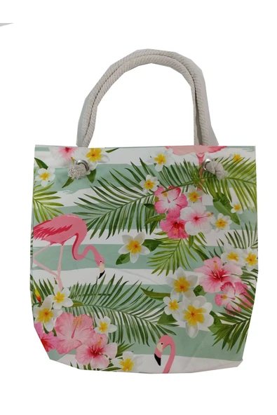 Alkan Homes Flamingo ve Çiçek Desenli Astarlı-Fermuarlı Dijital Baskılı Çok Amaçlı Çanta