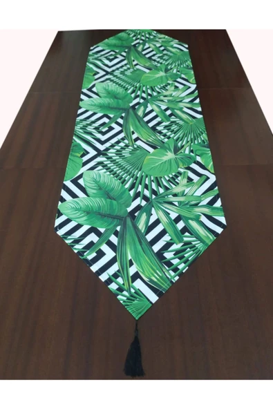 Alkan Homes Tropikal Yaprak Desenli Püsküllü Dekoratif Runner