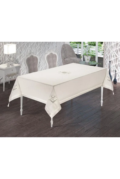 Alkan Homes Krem Renkli Lale Nakışlı Masa Örtüsü