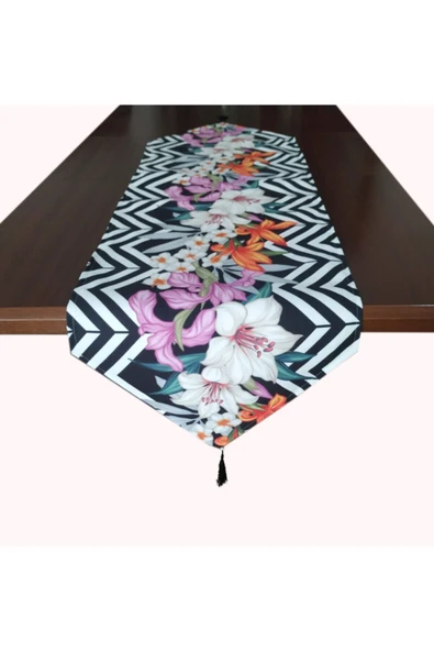 Alkan Homes Zambak Çiçeği Desenli Püsküllü Dekoratif Runner - Resim 2