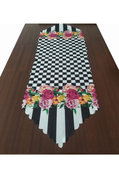 Alkan Homes Çizgili Gül Desenli Dekoratif Runner